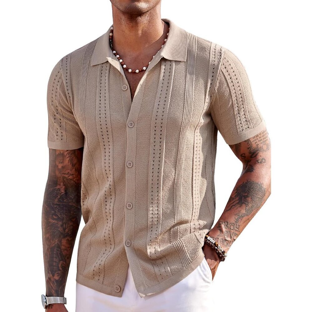 Men's Knit Shirts Short Sleeve Button Down Polo Shirt Fashion Casual Summer Beac